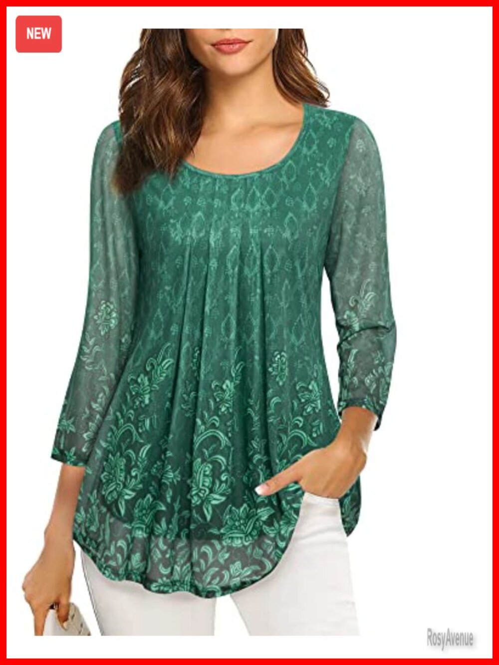 Women's 3/4 Sleeve Tunic Top Mesh Pleated Floral Layered Blouse